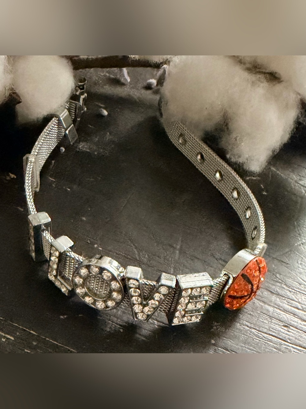LOVE Movable Slide Crystal Basketball Charm Bracelet - Silver Orange Accent